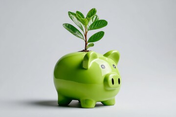 Green piggy bank with a small seedling growing from the top symbolizing eco investment and sustainable savings