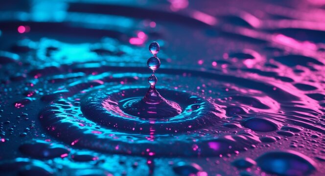 Frozen Moment. A Symphony of Water Droplets in Neon Blue and Pink Light, Capturing the Splash.