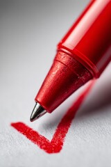 Close up of red pen drawing a check mark on white paper with sharp detail and vibrant color