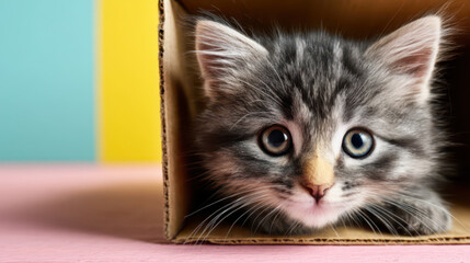 Dreamy kitten in open cardboard box under bright blue and yellow background
