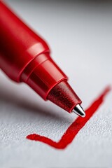 Close up of red pen drawing a bold check mark on white textured paper