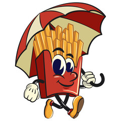 funny french fries cartoon mascot walking with an umbrella, fast food vector character isolated on white, work of hand drawn