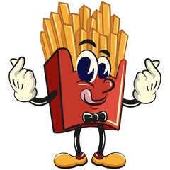 funny french fries cartoon mascot giving a sign of love with two hands, fast food vector character isolated on white, work of hand drawn