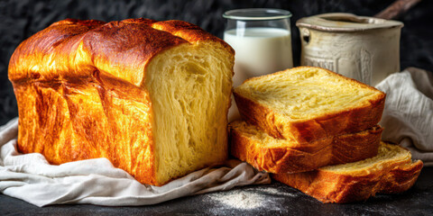A freshly baked white milk loaf on a rustic white towel, surrounded by a milk can and a poured glass of milk and sprinkled with flour