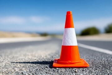Orange traffic cone with white reflective stripe placed on asphalt road under clear blue sky, symbolizing caution and road safety