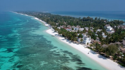 Fototapeta premium Turquoise waves meet white sand under sunlight, a serene tropical coastline blending sea and sky.