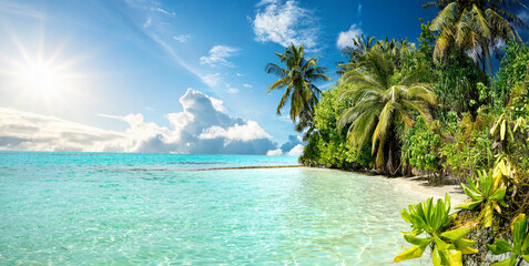 Beautiful tropical beach with palm trees, turquoise ocean against blue sky with clouds on a sunny summer day. Perfect landscape background for a relaxing vacation.