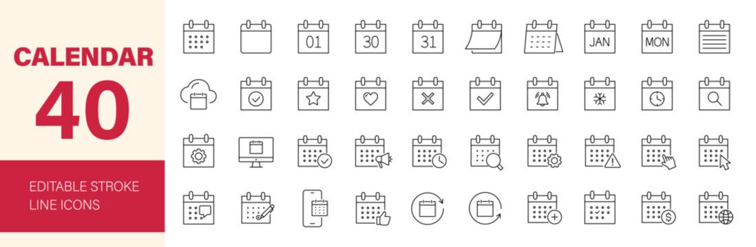 Calendar icon set. Containing date, schedule, month, week, day, appointment, agenda, organization, event, time, planning, clock and more. Editable line icons. Vector illustration.