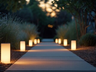 Obraz premium Illuminated Pathway at Dusk, Warm Lighting Guiding the Way Through the Garden.