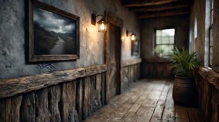 A quiet hallway in a traditional home with framed artwork, wooden floors, and soft sconces casting warm light.