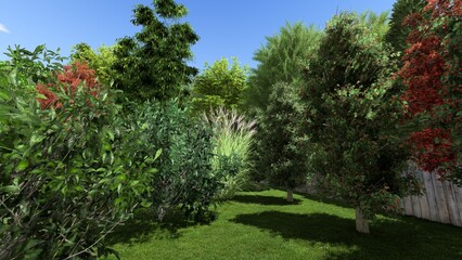 3d image of the landscape design of the home territory. Landscaping of the territory. Computer visualization of composite landscaping and landscaping solutions. White garden.