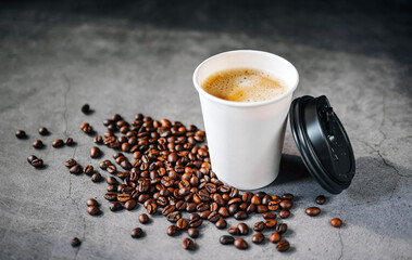 Coffee espresso wite smoke in paper Coffee cup and bean , Fragrant Espresso in  Takeaway paper coffee cup