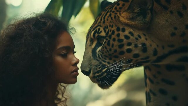 A woman stands face to face with a leopard in a dense jungle, showcasing a moment of connection with wildlife