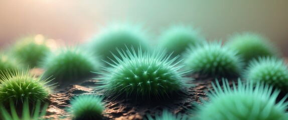 Microscopic View of Green Prickly Spheres Bacteria or Virus Cells under Microscope