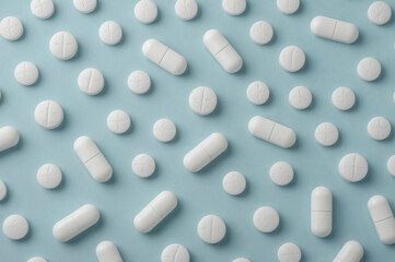 Flat Lay of White Pills on Light Blue Background, Clinical and Minimalist Medicine Concept