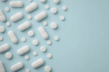 Flat Lay of White Pills on Light Blue Background, Clinical and Minimalist Medicine Concept