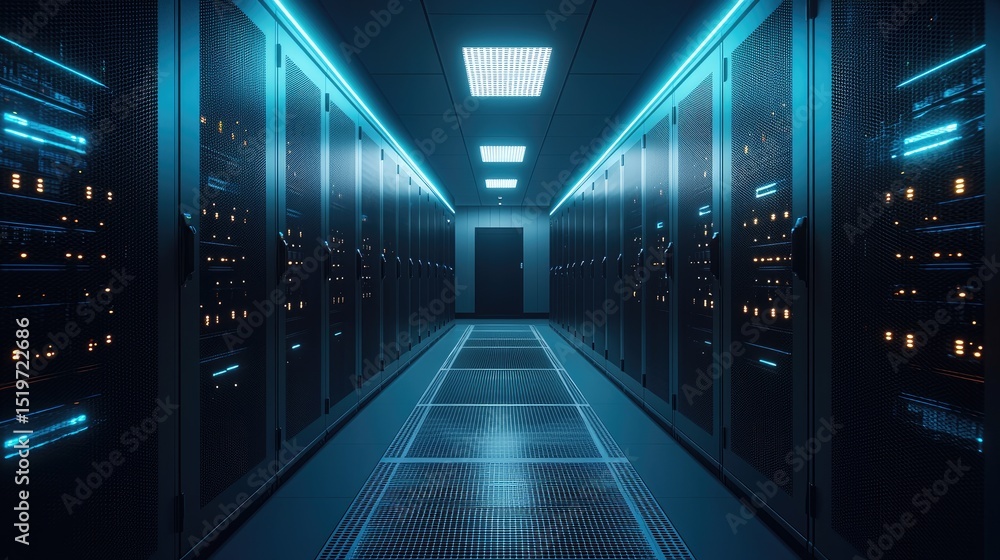 Poster symmetrical corridor in a futuristic data center with glowing blue lighting and secure server cabine