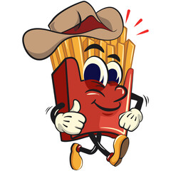 funny french fries cartoon mascot wearing a cowboy hat while giving a thumbs up sign, fast food vector character isolated on white, work of hand drawn