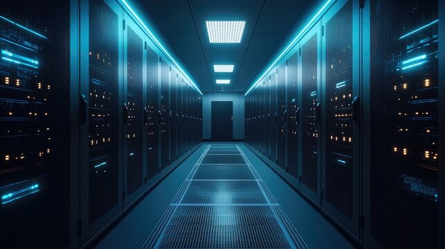 Symmetrical corridor in a futuristic data center with glowing blue lighting and secure server cabinets on both sides, showing high tech network infrastructure and ventilation floor panels