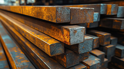 Stack of raw steel billets with rust and rough texture in a warehouse