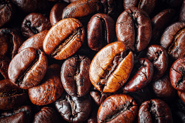 roasted coffee beans close-up, roasted coffee beans background and texture