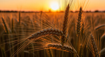 champ de blé devant un coucher de soleil