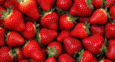 A vibrant heap of ripe strawberries, showcasing their bright red color and green leaves, Generative AI.