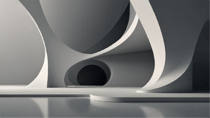 "Futuristic 3D architectural interior with flowing curves, vaulted arches, and soft natural lighting reflected on a glossy floor, evoking elegance and serenity in a modern minimalist space"