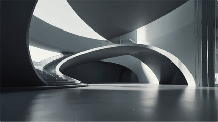 "Futuristic 3D architectural interior with flowing curves, vaulted arches, and soft natural lighting reflected on a glossy floor, evoking elegance and serenity in a modern minimalist space"