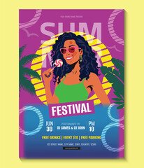 Vibrant Summer Festival Party Flyer with Tropical Elements Vector Illustration for Beach Music and DJ Night Club Events Party Invitation Poster Background