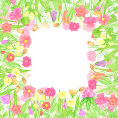 Fototapeta premium Hand drawn watercolor wildflowers and leaves frame border. Flower of the field isolated on white background. Can be used for postcard, label, scrapbook and other printed products.