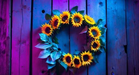 Sunflower Wreath Against Vibrant Purple and Blue Wooden Wall, Beautiful and Bright
