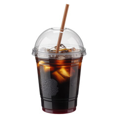 Iced black coffee in takeaway plastic cup with straw, refreshing cold caffeinated drink for on-the-go, Isolated Transparent Background