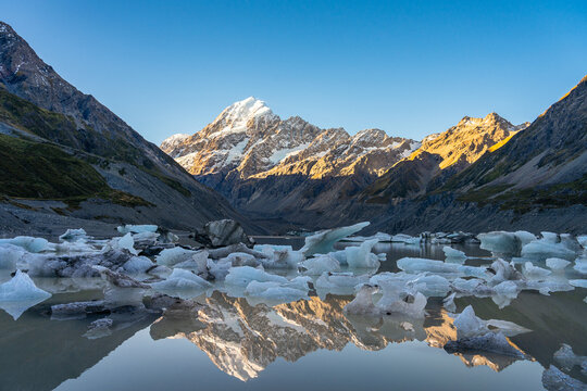 Aoraki Mount Cook Reflection in Hooker Lake with Glacial Ice Icebergs, Mount Cook National Park New Zealand, Southern Alps New Zealand