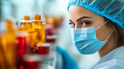 Professional female scientist wearing a mask and cap in a laboratory, focusing on colorful chemical bottles. Health, research, and innovation unite in this engaging image.