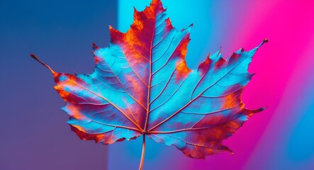 Vivid Autumn Leaf in Neon Light, a Study of Colors and Textures in Natures Embrace.
