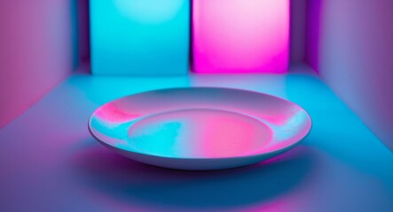 White Ceramic Plate in a Vibrant Pink and Blue Lit Room, Abstract Background.
