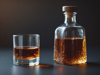 Whiskey Still Life. A Decanter and a Glass of Amber Liquid on a Dark Surface.