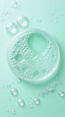 Clear petri dish bubbles on turquoise surface, showcasing a calming and scientific aesthetic with soft lighting, perfect for beauty, skincare, or laboratory themes.