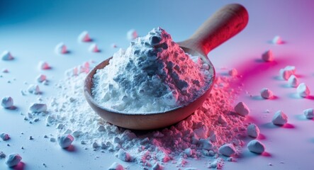 White Powder in Wooden Spoon, illuminated by blue and pink light, on a White Surface.