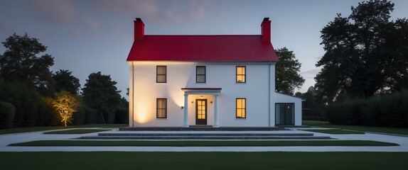 White House with Red Roof at Dusk, Illuminated and Surrounded by Greenery.