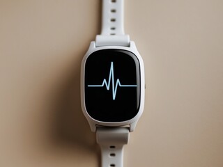 White Smartwatch with Heart Rate Monitor Display on a Beige Background, Health and Wellness