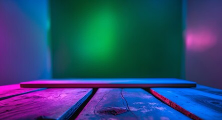 Wooden Table Surface Lit with Neon Colors. A Vibrant and Modern Aesthetic Scene.