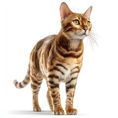 Realistic photograph of a beautiful Bengal cat standing alert with its distinctive rosette patterns and bright eyes against a clean, isolated white background now.