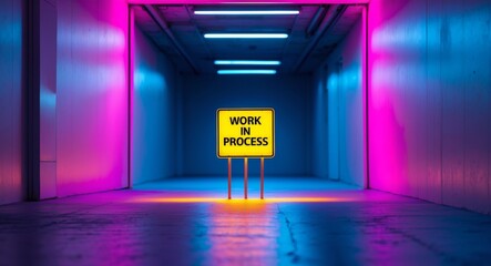 Work in Process sign in a neonlit hallway, showing progress and potential delays.