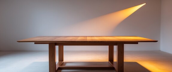 Wooden Table with Dramatic Lighting, Clean and Minimalist Design Concept.