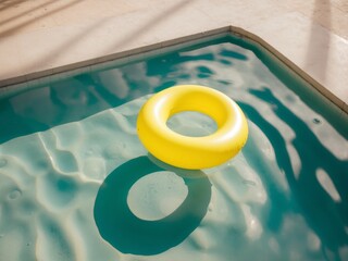 Yellow Inflatable Ring Floating in a Turquoise Swimming Pool on a Sunny Day.
