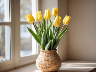 Yellow Tulips in Wicker Vase on a Window Sill, Bathed in Sunlight, Close Up View.