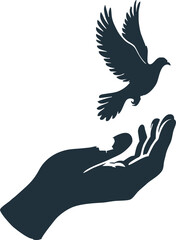 Silhouette of hand releasing dove
 vector isolated on white background