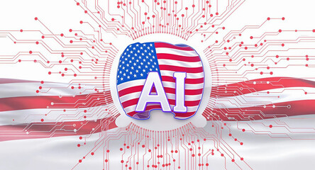 USA flag fluttering beside an AI circuit board logo, representing the intersection of patriotism and technological progress, Generative AI.